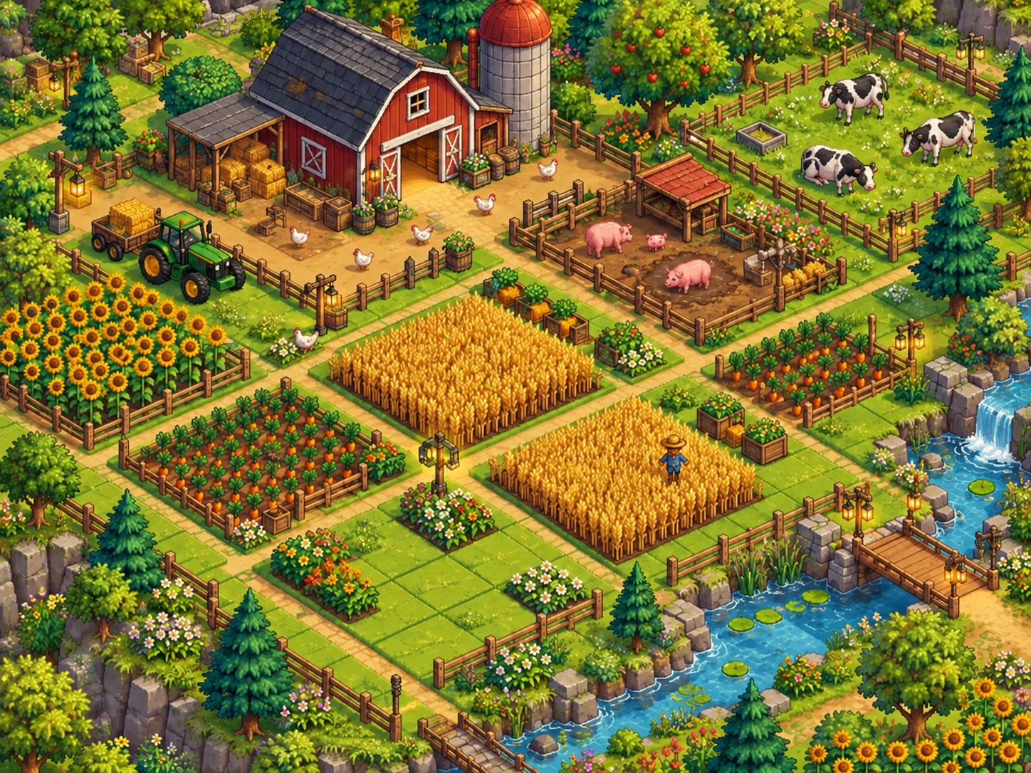 Illustrative pixel farm with square crop fields, a tractor, chickens, pigs and cows